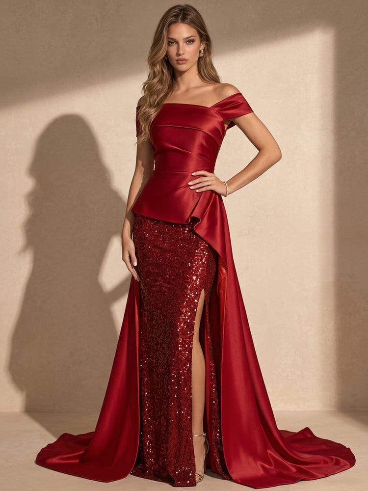 Sequins Mermaid Off Shoulder Maxi Evening Dresses with Side Slit