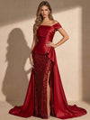 Sequins Mermaid Off Shoulder Maxi Evening Dresses with Side Slit