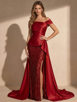 Sequins Mermaid Off Shoulder Maxi Evening Dresses with Side Slit