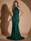 Sequins Mermaid Halter Maxi Evening Dresses with Pleated