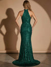 Sequins Mermaid Halter Maxi Evening Dresses with Pleated