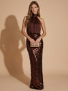 Sequins Mermaid High Neck Maxi Evening Dresses with Blouson Gathered Top