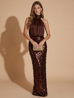 Sequins Mermaid High Neck Maxi Evening Dresses with Blouson Gathered Top