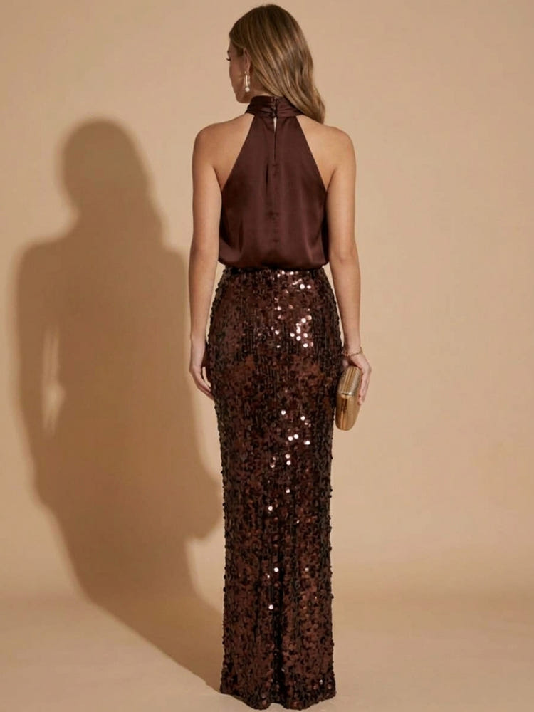 Sequins Mermaid High Neck Maxi Evening Dresses with Blouson Gathered Top