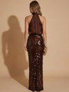 Sequins Mermaid High Neck Maxi Evening Dresses with Blouson Gathered Top