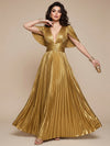 Metallic Satin A-Line V Neck Maxi Evening Dresses with Delicate Pleated