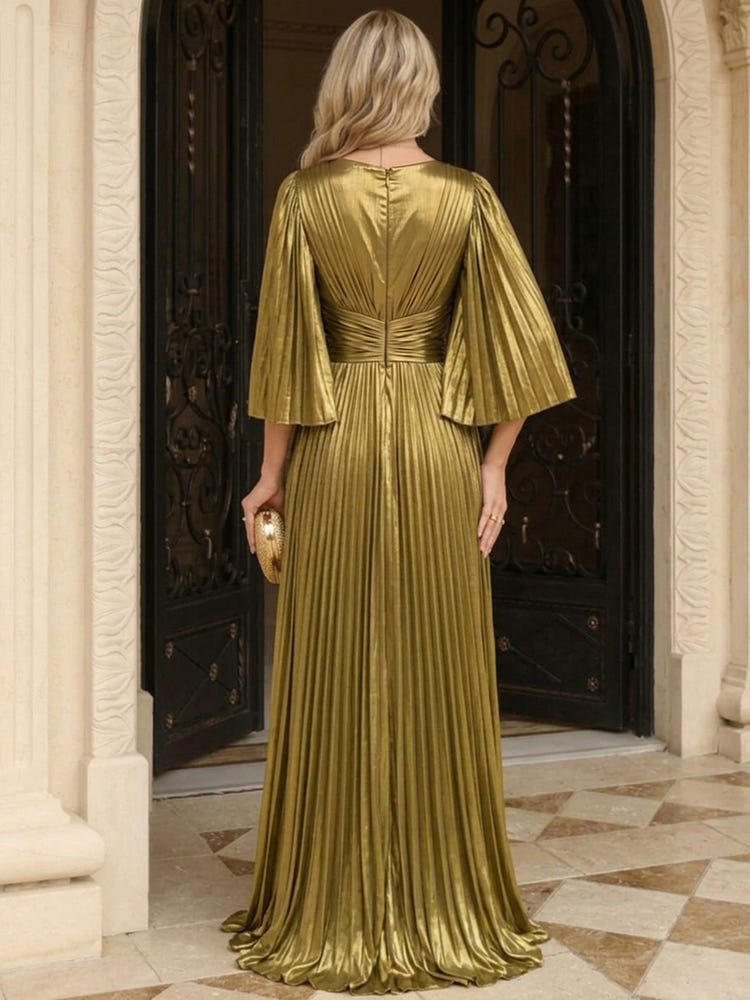 Metallic Satin A-Line V Neck Maxi Evening Dresses with Delicate Pleated