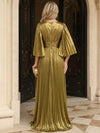 Metallic Satin A-Line V Neck Maxi Evening Dresses with Delicate Pleated