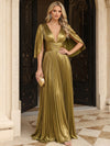 Metallic Satin A-Line V Neck Maxi Evening Dresses with Delicate Pleated