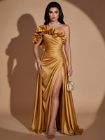 Satin A-Line One Shoulder Maxi Evening Dresses with Side Slit