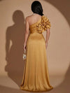 Satin A-Line One Shoulder Maxi Evening Dresses with Side Slit