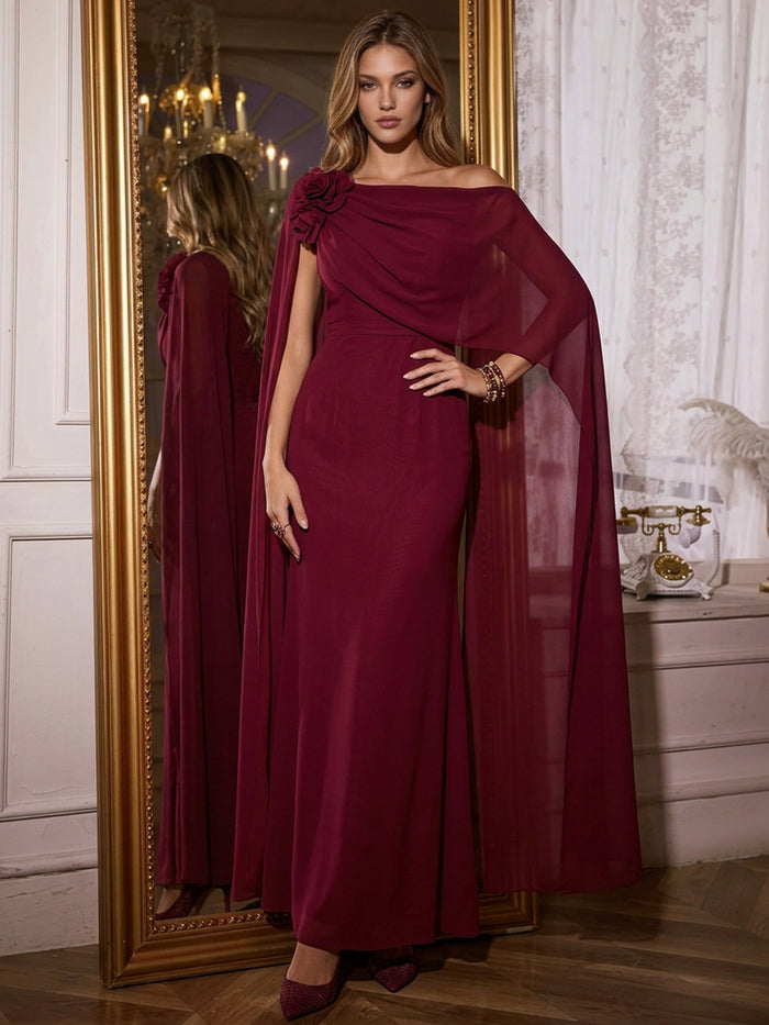 Chiffon Mermaid One Shoulder Maxi Evening Dresses with Caps