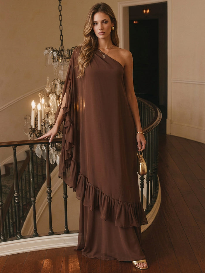 Chiffon A-Line One Shoulder Maxi Evening Dresses with Ruffles