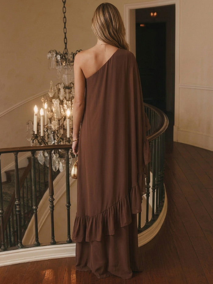 Chiffon A-Line One Shoulder Maxi Evening Dresses with Ruffles