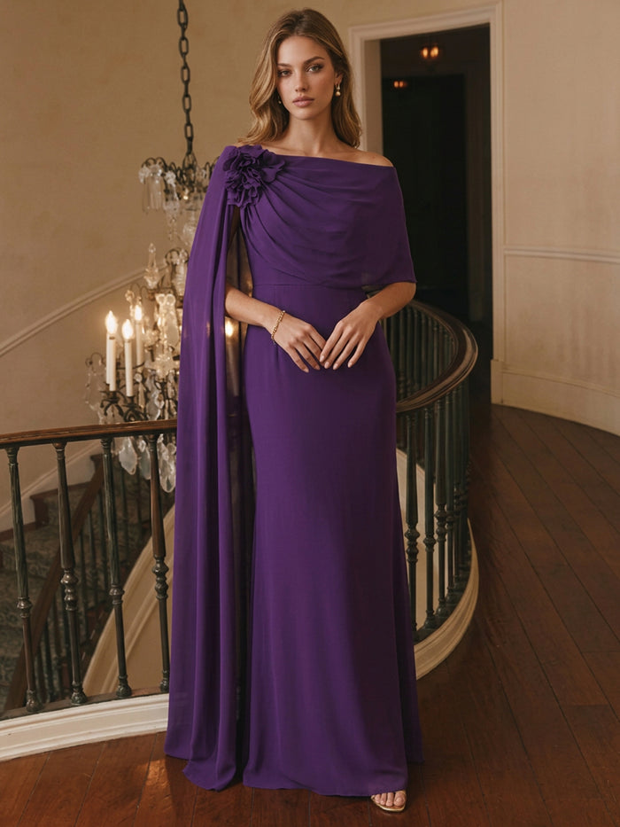 Chiffon A-Line Off Shoulder Maxi Evening Dresses with Sash
