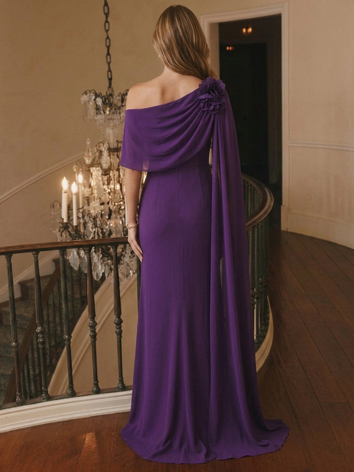 Chiffon A-Line Off Shoulder Maxi Evening Dresses with Sash