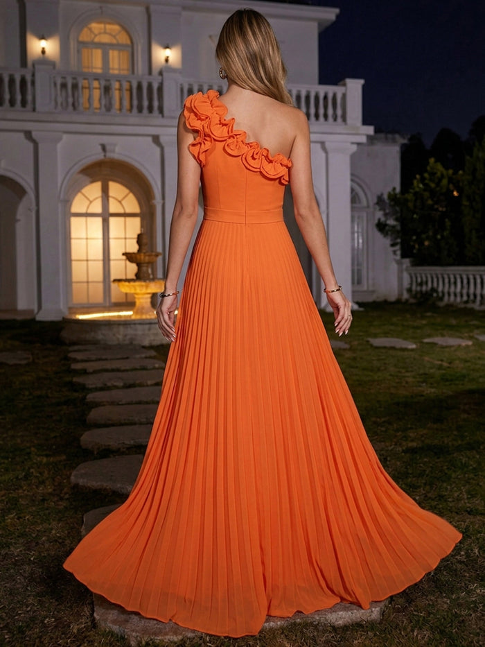 Chiffon A-Line One Shoulder Maxi Evening Dresses with Delicate Pleated