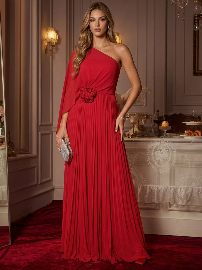 Chiffon A-Line One Shoulder Maxi Evening Dresses with Delicate Pleated