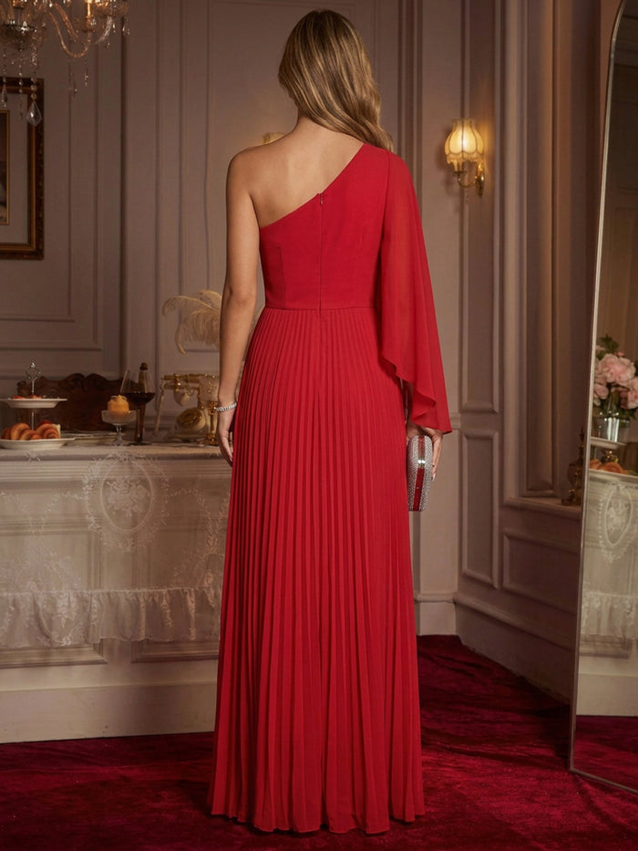 Chiffon A-Line One Shoulder Maxi Evening Dresses with Delicate Pleated