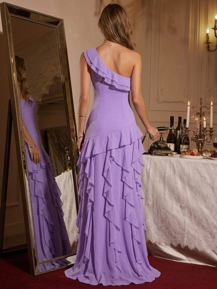 Chiffon Mermaid One Shoulder Maxi Evening Dresses with Ruffles