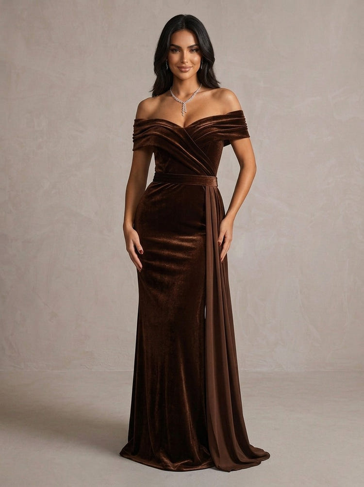 Velvet Mermaid Off Shoulder Maxi Evening Dresses with Draped Side Sash