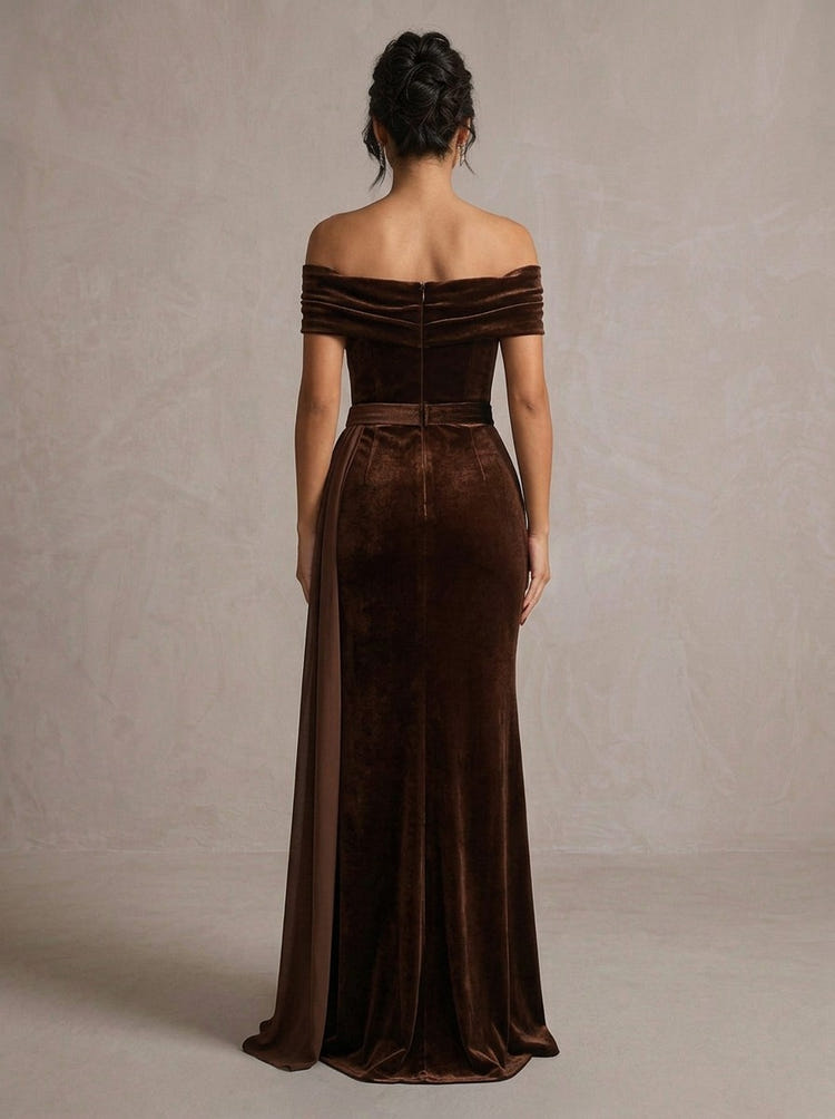 Velvet Mermaid Off Shoulder Maxi Evening Dresses with Draped Side Sash