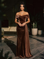 Velvet Mermaid Off Shoulder Maxi Evening Dresses with Draped Side Sash