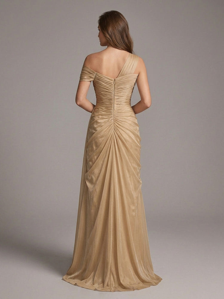 Tulle Mermaid One Shoulder Maxi Evening Dresses with Delicate Pleated