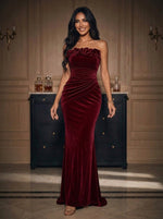 Velvet Mermaid Strapless Maxi Evening Dresses with Ruffles