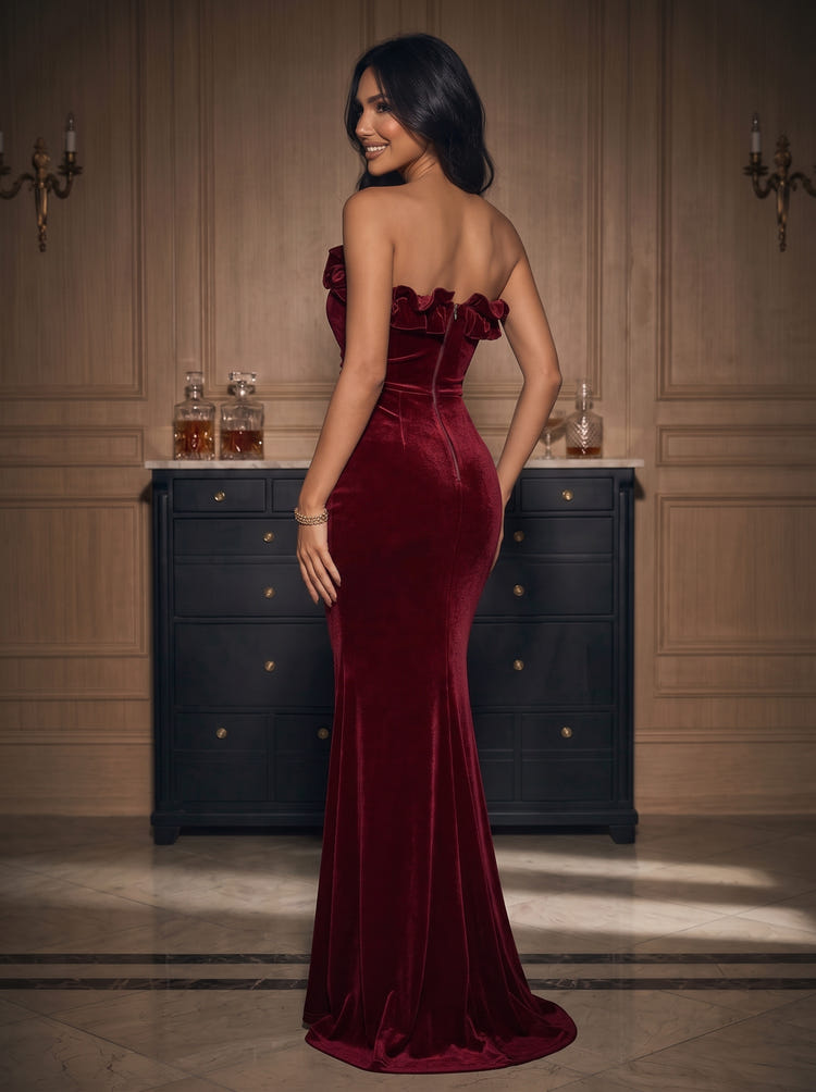 Velvet Mermaid Strapless Maxi Evening Dresses with Ruffles