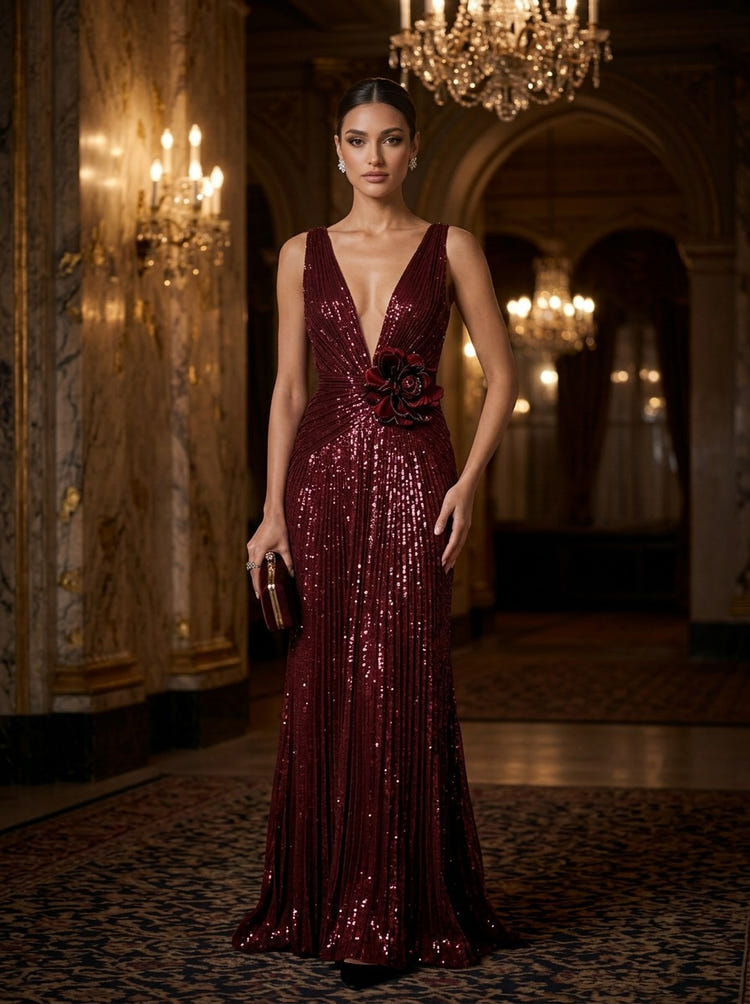 Sequins A-Line V Neck Maxi Evening Dresses with 3D Flowers