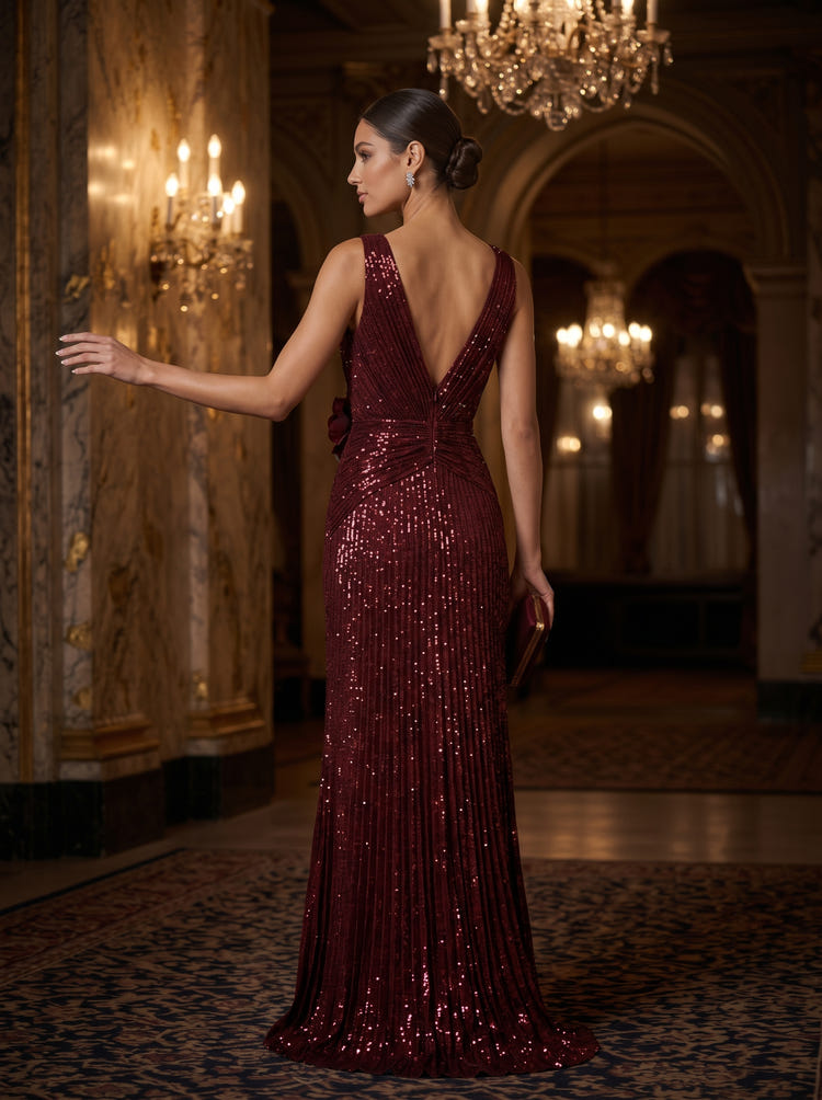 Sequins A-Line V Neck Maxi Evening Dresses with 3D Flowers
