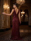 Sequins A-Line V Neck Maxi Evening Dresses with 3D Flowers
