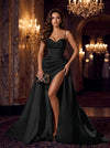Satin A-Line Spaghetti Straps Maxi Evening Dresses with Ruffles