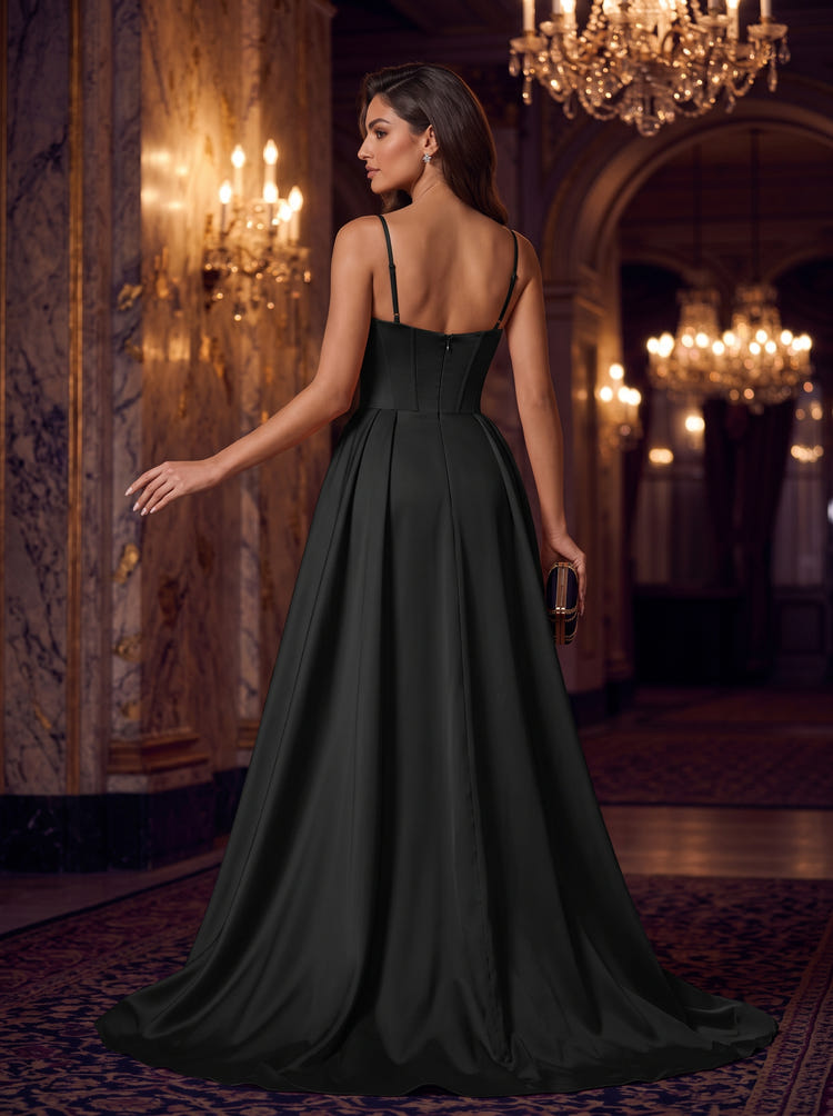 Satin A-Line Spaghetti Straps Maxi Evening Dresses with Ruffles
