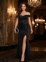 Satin Mermaid Off Shoulder Maxi Evening Dresses with Ruffles