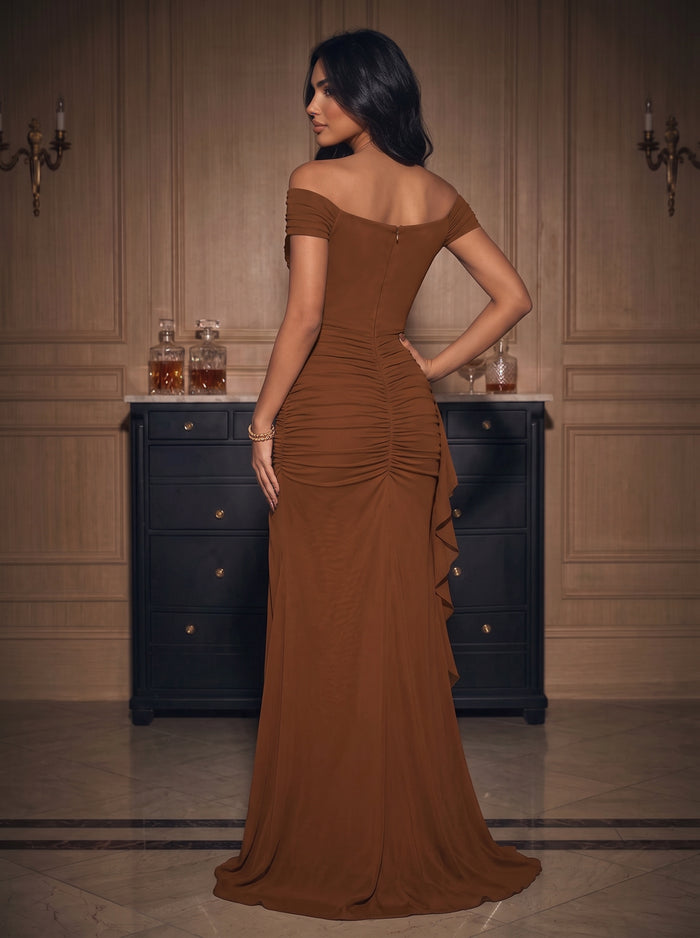 Chiffon Mermaid Off Shoulder Maxi Evening Dresses with Ruffles