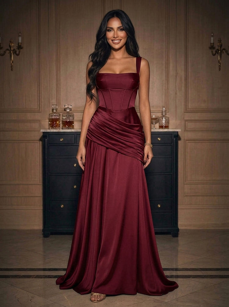 Satin A-Line Square Neck Maxi Evening Dresses with Corset Bodice