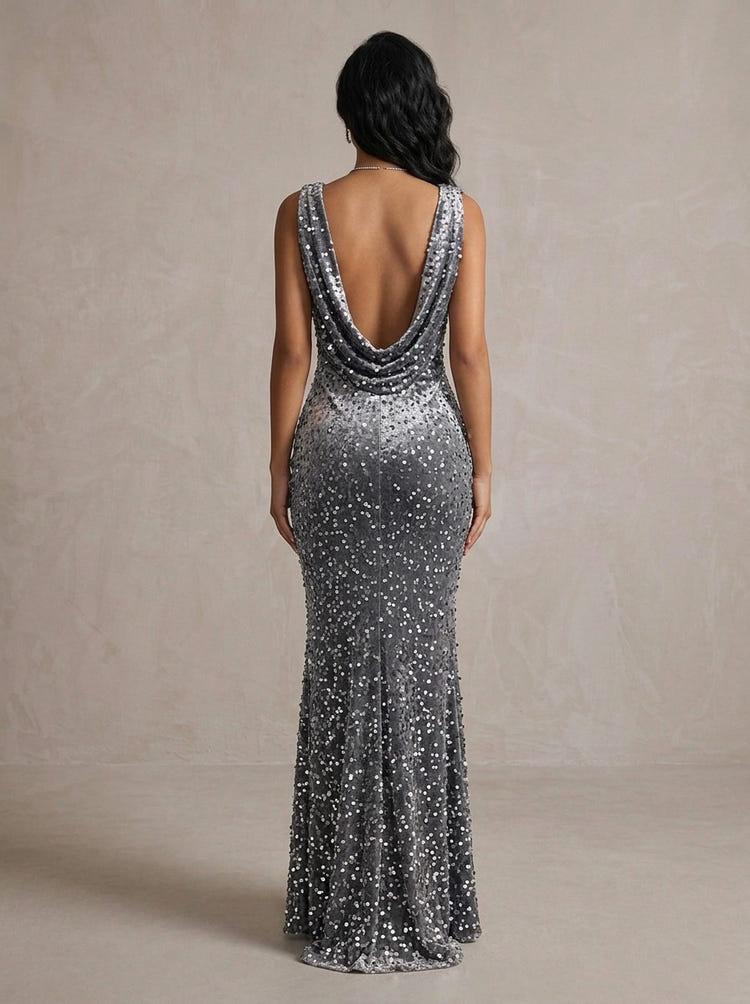 Velvet Mermaid U-Neck Maxi Evening Dresses with Sequins