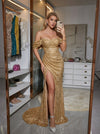 Sequins Mermaid Off Shoulder Maxi Evening Dresses with Pleated