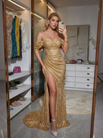 Sequins Mermaid Off Shoulder Maxi Evening Dresses with Pleated