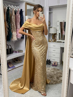Sequins Mermaid Off Shoulder Maxi Evening Dresses with Satin Draped Cape Train