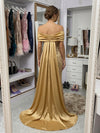 Sequins Mermaid Off Shoulder Maxi Evening Dresses with Satin Draped Cape Train