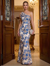 Jacquard Mermaid One Shoulder Maxi Evening Dresses with 3D Flowers