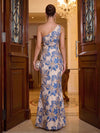 Jacquard Mermaid One Shoulder Maxi Evening Dresses with 3D Flowers