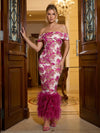 Jacquard Sheath Off Shoulder Midi Evening Dresses with Natural Feather Fringe Hem