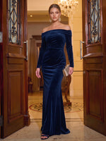 Velvet Mermaid Off Shoulder Maxi Evening Dresses with Ruched