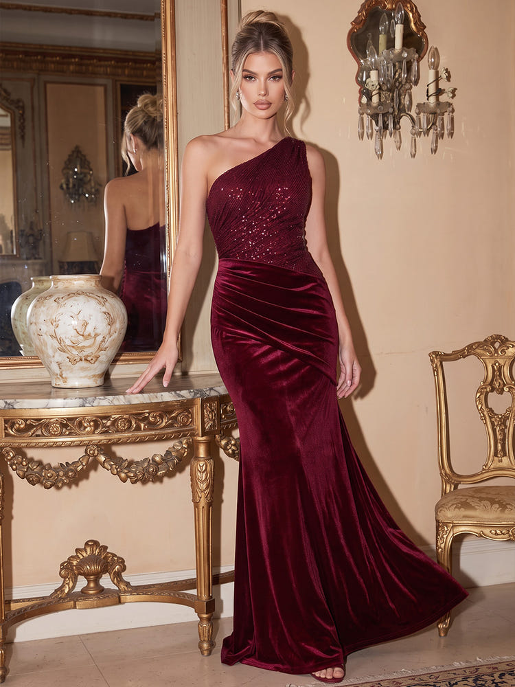 Velvet Mermaid One Shoulder Maxi Evening Dresses with Sequins