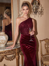 Velvet Mermaid One Shoulder Maxi Evening Dresses with Sequins