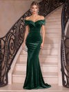 Velvet Mermaid Off Shoulder Maxi Evening Dresses with Folded V Sweetheart